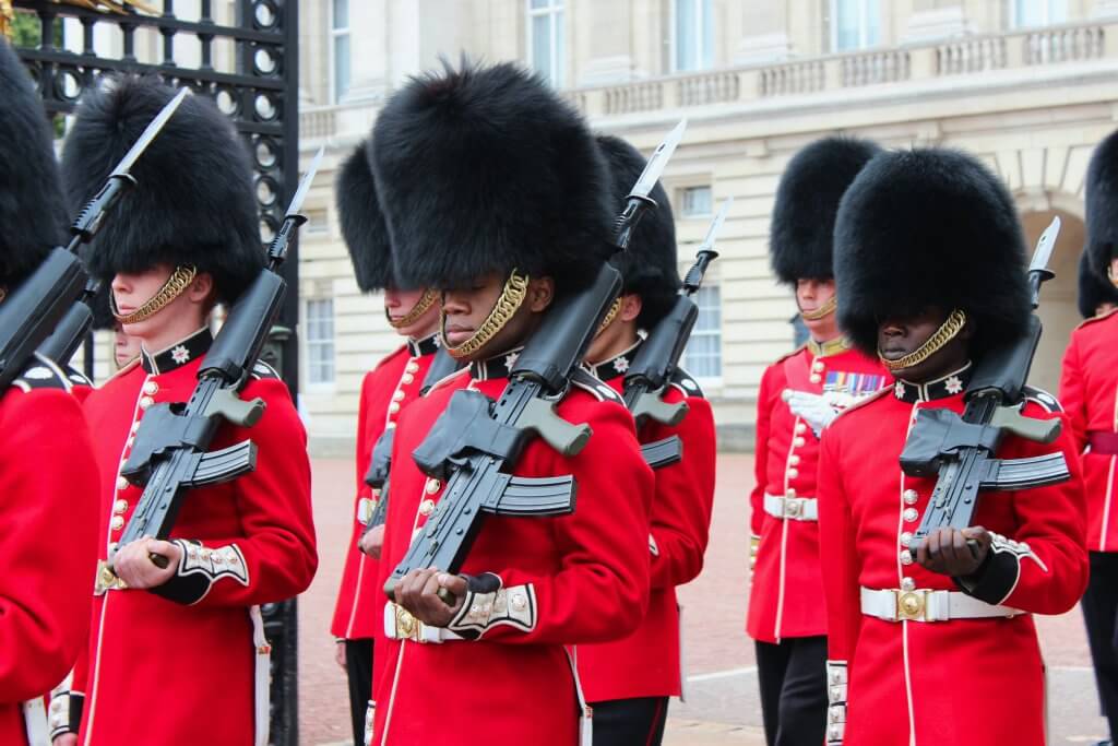 British palace guards with guns during the changing of the guard