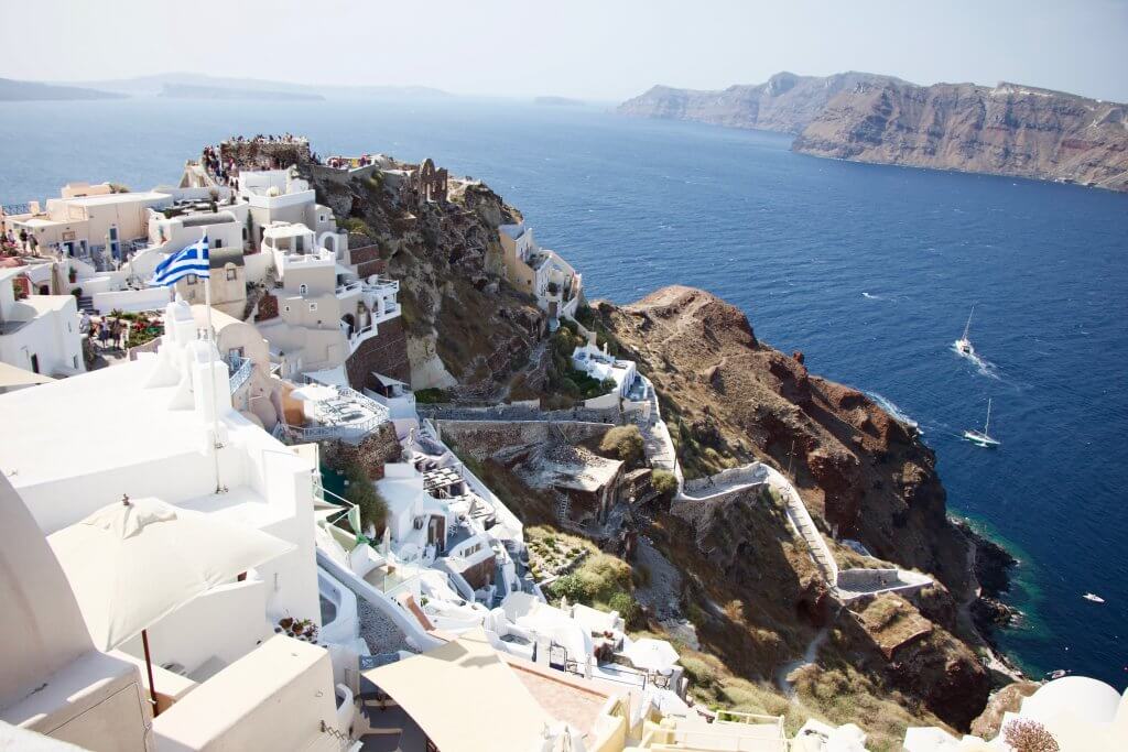 santorini greece coastline view on the hike from fira to oia