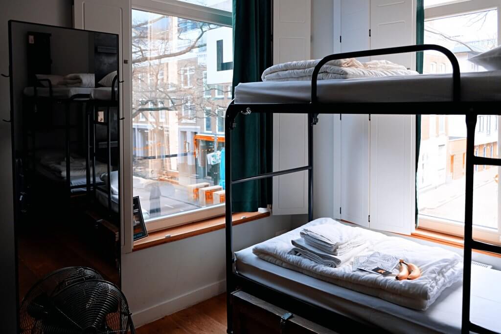 Empty bunk beds in a dorm room in the Netherlands