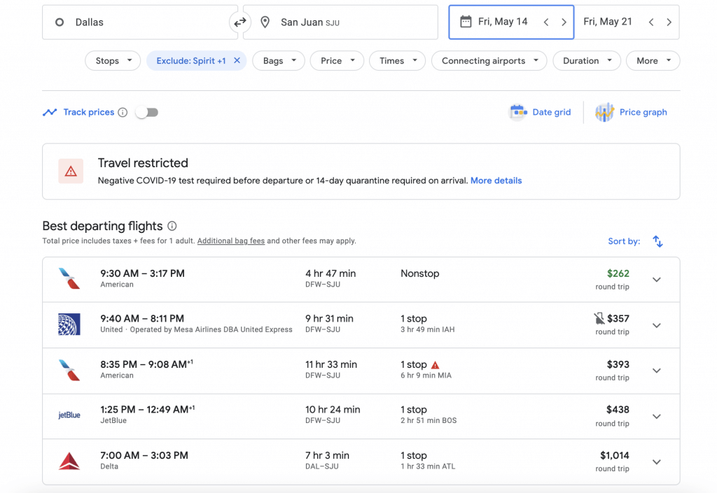 Google Flights results page