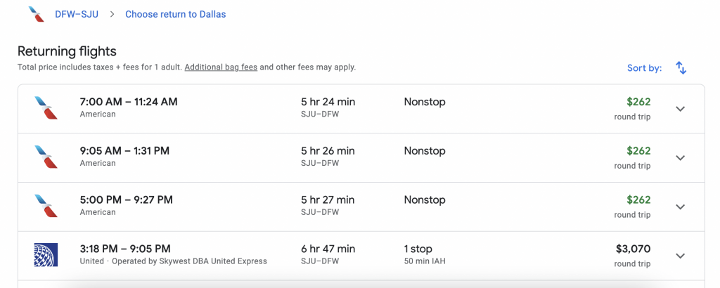 Google Flights results page