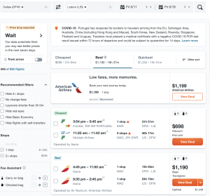 screenshot of kayak.com flight results