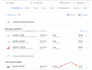 screenshot of a business class flight search on Google Flights