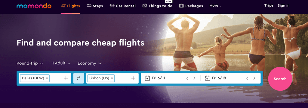 screenshot of Momondo's homepage