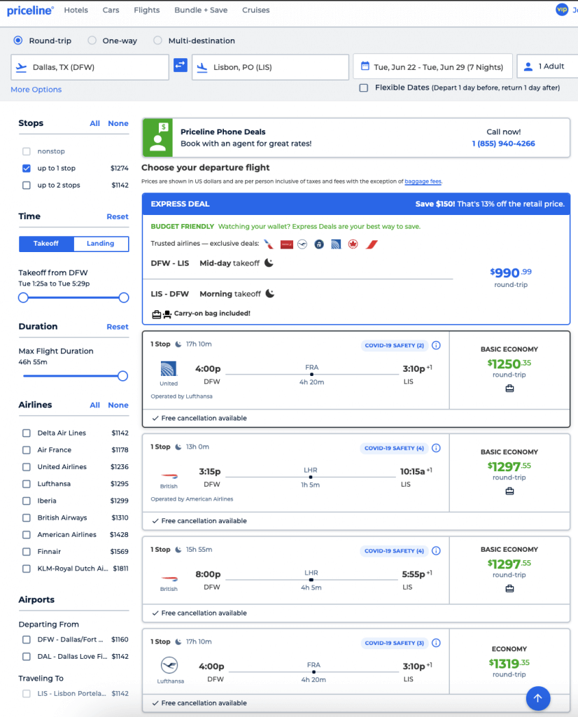 screenshot of priceline.com flights