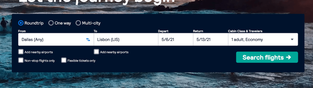 screenshot of skyscanner search box
